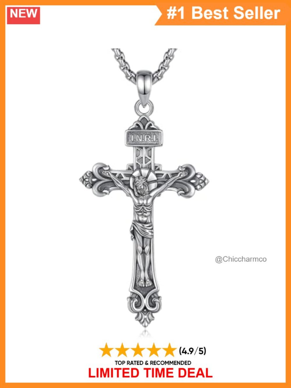 925 Sterling Silver Crucifix Pendant Necklace 24" Box Chain Religious Gift